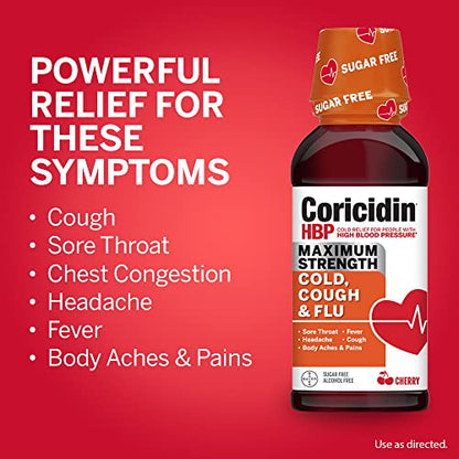Coricidin HBP Maximum Strength Cold & Flu Day & Night Sugar-Free Liquid Twinpack, Decongestant-Free Cold Medicine for Adults with High Blood Pressure -12 Fl Oz (Pack of 2)