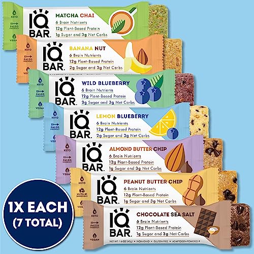 IQBAR Brain and Body Keto Protein Bars - 7 Sampler Keto Energy Bars - Low Carb, High Fiber, Low Sugar Meal Replacement Bars - Vegan Snacks