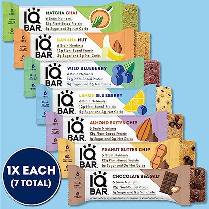 IQBAR Brain and Body Keto Protein Bars - 7 Sampler Keto Energy Bars - Low Carb, High Fiber, Low Sugar Meal Replacement Bars - Vegan Snacks