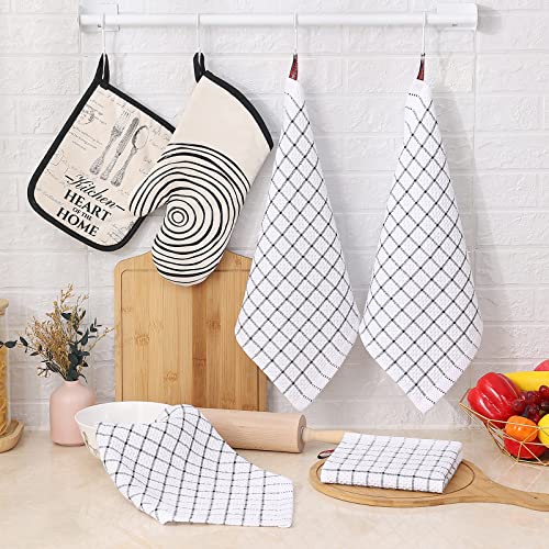 Fintale 100% Cotton Dish Cloths - Soft, Super Absorbent and Lint Free Dish Towels for Kitchen - Perfect for Drying and Washing Dishes - 6 Pack (Lattice Designed, Black) - 12 x 12 Inches