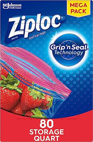 Ziploc Quart Food Storage Bags, Grip 'n Seal Technology for Easier Grip, Open, and Close, 80 Count