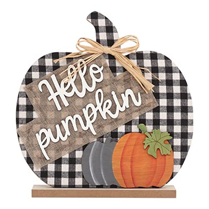 Super Holiday Fall Hello Pumpkin Sign Decorations, 12"/30CM Wooden Autumn Buffalo Plaid Tabletop Decor, for Home Farmhouse Living Room Harvest Day Thanksgiving Decor.