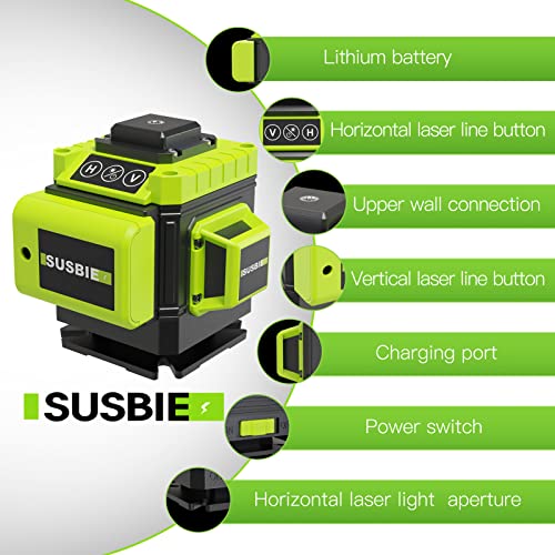 Susbie Laser Level -3x360° Cross Line Laser for Construction and Picture Hanging-12 Green Lasers with Self-leveling-Level Tool with 10000 mAh Rechargeable Battery