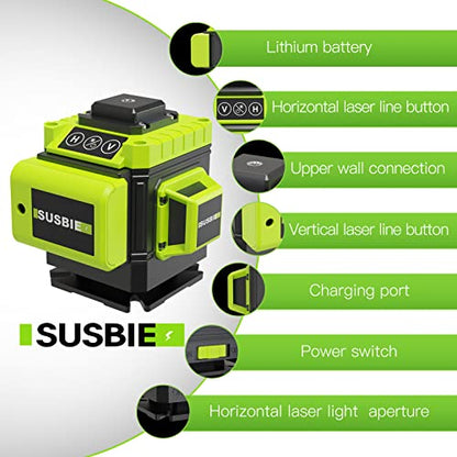 Susbie Laser Level -3x360° Cross Line Laser for Construction and Picture Hanging-12 Green Lasers with Self-leveling-Level Tool with 10000 mAh Rechargeable Battery