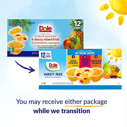 Dole Fruit Bowls No Sugar Added Variety Pack, Peaches, Mandarin Oranges & Cherry Mixed Fruit, Back To School, Gluten Free Snack, 4oz, 12 Cups