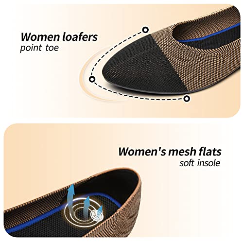 Women's Flats Mesh Ballet Flats for Women Comfortable Dress Shoes Slip On Pointed Toe Flats Shoes(Black Brown,US7)