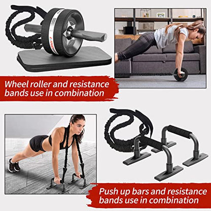 EnterSports Abs Roller Wheel Kit, Exercise Wheel Core Strength Training Abdominal Roller Set with Push Up Bars, Resistance Bands, Knee Mat Home Gym Fitness Equipment for Abs Workout