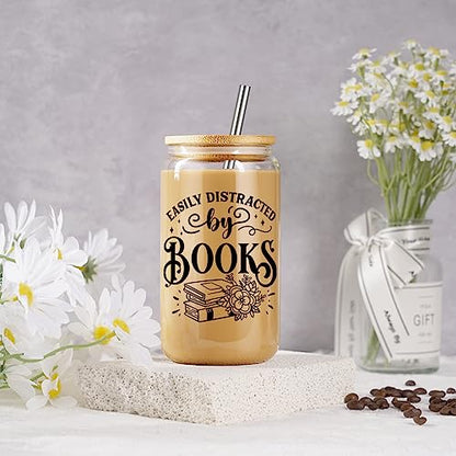 Coolife Book Themed 16oz Glass Cups w/Lids & Straws, Gifts for Book Lovers - Book Club Bookish Gifts, Librarian Gifts, Christmas, Bookworm Gifts for Readers, Teacher, Book Lovers Gift Ideas