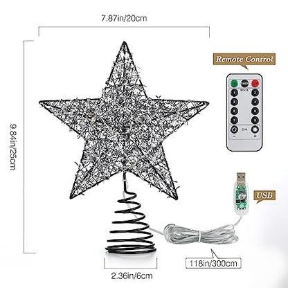 Roylvan Christmas Star Tree Topper with 8 Lighting Modes, USB Christmas Star Treetop with Timer Decorative Light with Silver Strip, 20 LED Light Xmas Tree Top Decor for Home Indoor Outdoor, Black
