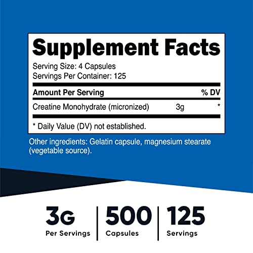 Nutricost Micronized Creatine Monohydrate 3,000mg 500 Capsules, 125 Servings, 750mg of Creatine Monohydrate Per Capsule