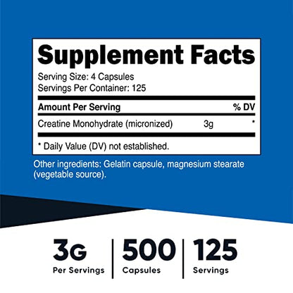 Nutricost Micronized Creatine Monohydrate 3,000mg 500 Capsules, 125 Servings, 750mg of Creatine Monohydrate Per Capsule