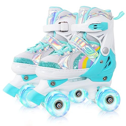 Nattork Roller Skates with Light Up Wheels for Girls, 4 Size Adjustable Quad Skates for Toddler Beginner Kids Outdoor Indoor Rollerskate Sports Ages 3-8 Teal