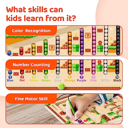 Magnetic Color and Number Maze, Montessori Toys for 3+ Year Old, Wooden Puzzle Activity Board, Learning Educational Counting Matching Toys for Toddlers and Kids Boys Girls Preschoolers 3 4 5 Years Old