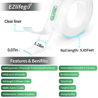 EZlifego Double Sided Tape Heavy Duty, Extra Large Nano Double Sided Adhesive Tape, Clear Mounting Tape Picture Hanging Adhesive Strips,Removable Wall Tape Sticky Poster Tape Decor Carpet Tape(9.85FT)