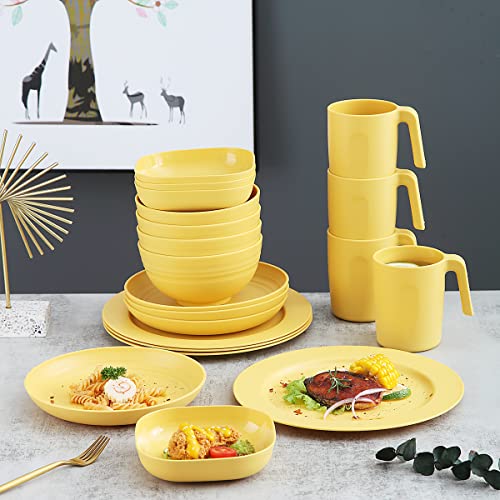 Kyraton Plastic Dinnerware Sets of 20 Pieces, Unbreakable And Reusable Light Weight Plates Mugs Bowls Dishes Easy to Carry And Clean Microwave Safe BPA Free Dishwasher Safe Service For 4 (Gold Yellow)