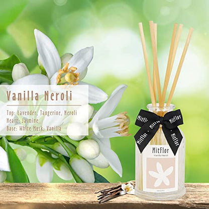 Reed Diffuser, MitFlor Vanilla Neroli Fragrance Diffuser Set, Room Air Freshener with Natural Rattan Sticks, Elegant Office, Home & Bathroom Décor, 3.4 fl oz