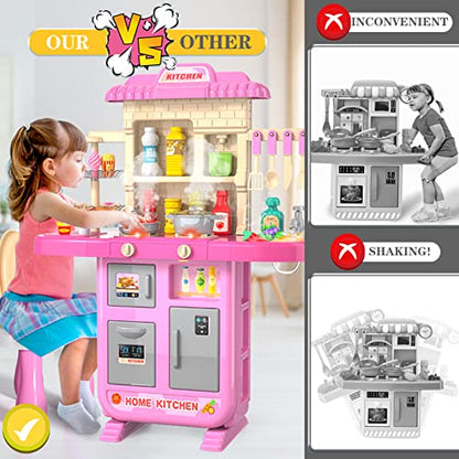 Kids Kitchen Playset for Toddlers Girls, Toy Sets Pretend Play Food Toy with Chair for Kids Ages 3-8, Kitchen Accessories Set with Light Sound Spray