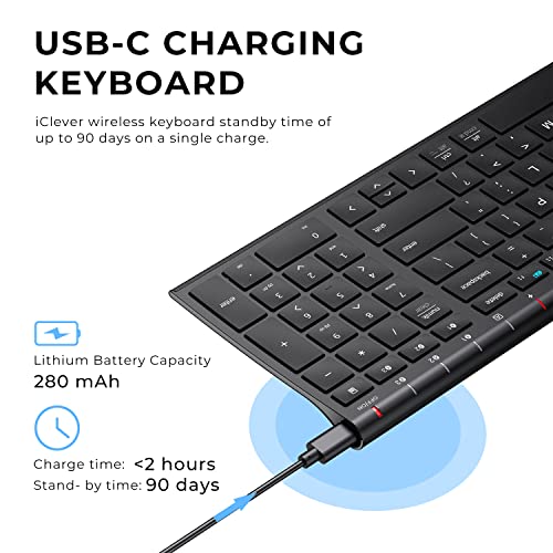 iClever BK10 Bluetooth Keyboard, Wireless Bluetooth Keyboard, Rechargeable Bluetooth 5.1 Multi Device Keyboard with Number Pad Full Size Stable Connection for Mac, Windows, iOS, Android, Laptop