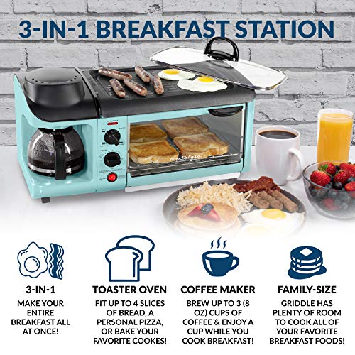 Nostalgia 3-in-1 Breakfast Station - Includes Coffee Maker, Non-Stick Griddle, and 4-Slice Toaster Oven - Versatile Breakfast Maker with Timer - Aqua