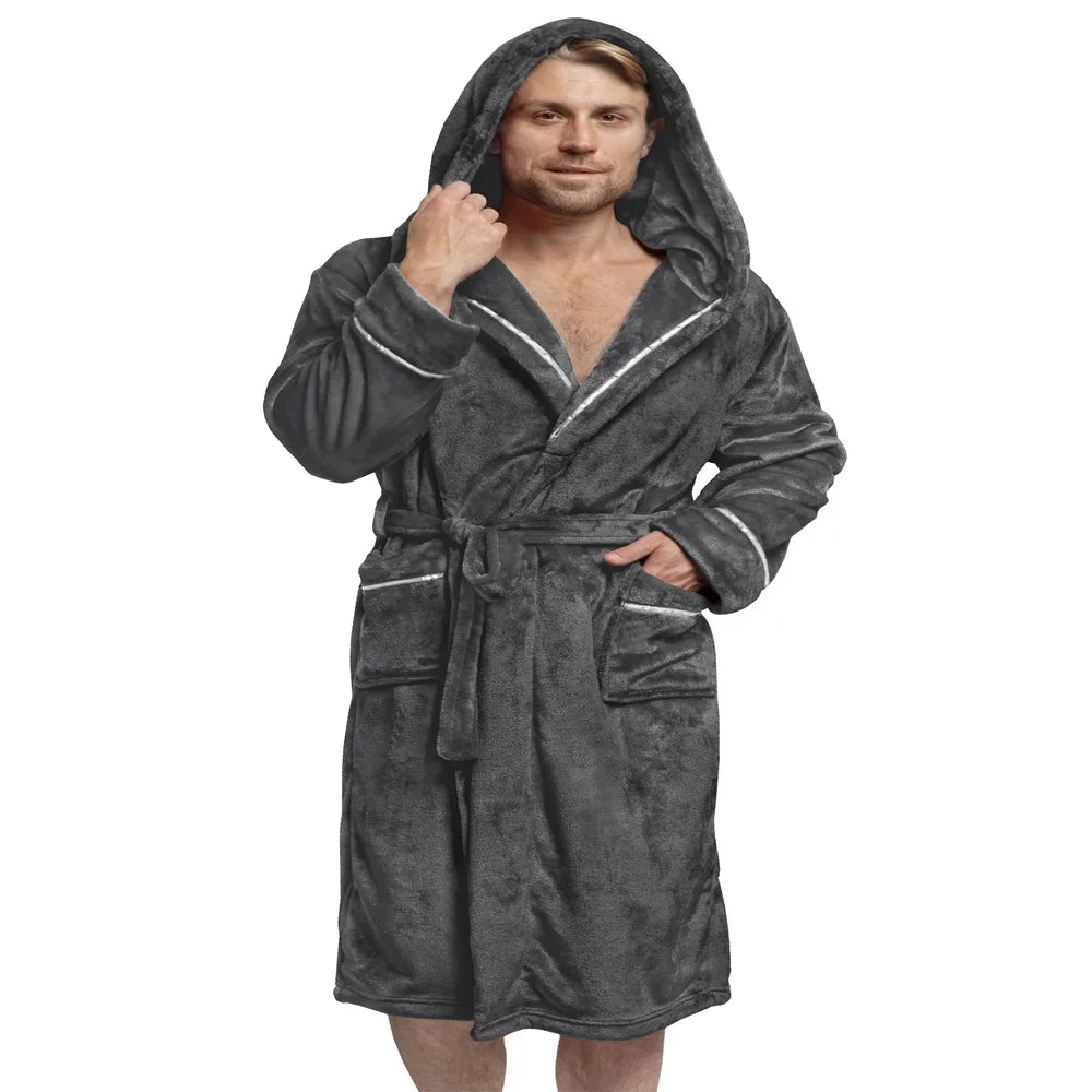 PAVILIA Mens Robe, Hooded Soft Robe for Men, Warm Bathrobe with Hood for Bath Shower Spa with Shawl Collar, Pockets, Satin Trim, Plush Fleece - Black