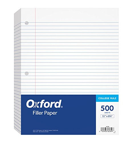 Oxford Filler Paper, 8-1/2" x 11", College Rule, 3-Hole Punched, Loose-Leaf Paper for 3-Ring Binders, 500 Sheets Per Pack (62349),White