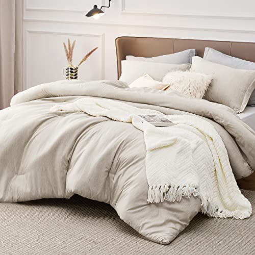 Bedsure Queen Comforter Set Kids - Beige Queen Size Comforter, Soft Bedding for All Seasons, Cationic Dyed Bedding Set, 3 Pieces, 1 Comforter (90"x90") and 2 Pillow Shams (20"x26"+2")