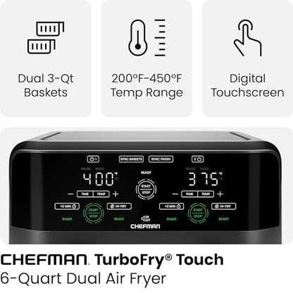 Chefman 6 Quart Dual Basket Air Fryer - Digital Touchscreen, Smart Sync Finish, Hi-Fry, Auto Shutoff, 2 Independent 3QT Nonstick Dishwasher-Safe Frying Baskets - Digital Double Air Fryer - Black