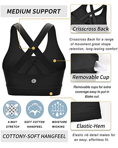 RUNNING GIRL Sports Bra for Women, Criss-Cross Back Padded Strappy Sports Bras Medium Support Yoga Bra with Removable Cups (2353D-Black,M)