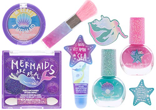 Townley Girl Mermaid Vibes Makeup Set with 8 Pieces, Including Lip Gloss, Nail Polish, Body Shimmer and More in Mermaid Bag, Ages 3+ for Parties, Sleepovers and Makeovers