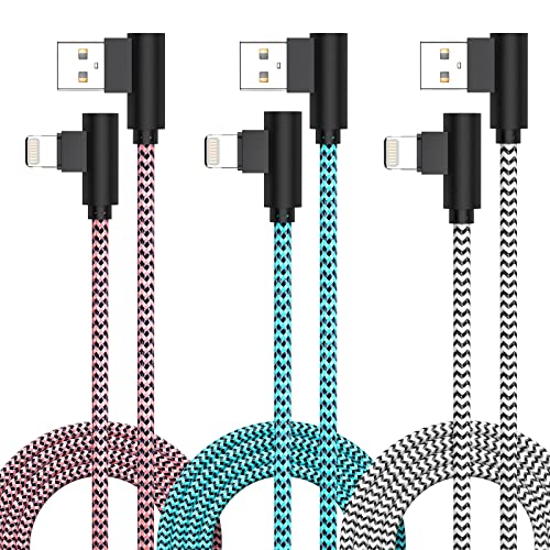 3 Pack iPhone Charger 10FT [Apple MFi Certified] Right Angle Lightning Cable Fast Charging Cord Nylon Braided for iPhone 14 13 12 11 Pro/Pro Max/Mini/XS/XR/8 7 Plus, iPad, AirPods