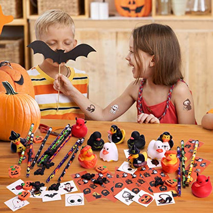 NEWBEA 156 Piece Halloween Party Favors Toys Assortment | 72 Halloween Glitter Tattoos | 48 Halloween Erasers | 12 Halloween Ducks | 12 Halloween Sticker Sheets | 12 Halloween Pencils