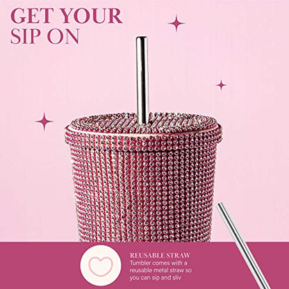 Paris Hilton Diamond Bling Water Tumbler With Lid And Straw, Vacuum Insulated Stainless Steel, Bedazzled With Over 3700 Rhinestones, 16.9-Ounce, Pink