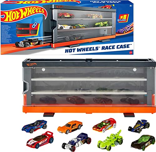 Hot Wheels Race Case with 8 Toy Cars, Interactive Display & Storage for 12 1:64 Scale Vehicles, Connects to Track