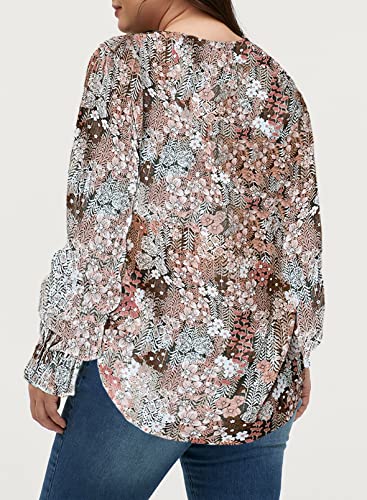 Eytino Women Plus Size Tops Casual Floral Printed V Neck Long Sleeve Drawstring Chiffon Blouse Shirts,4X Khaki