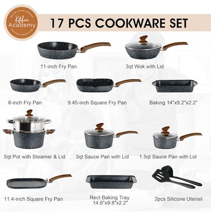 Kitchen Academy Induction Cookware Set-17 Piece Non-stick Cooking Pan Set, Black Granite Pots and Pans Set