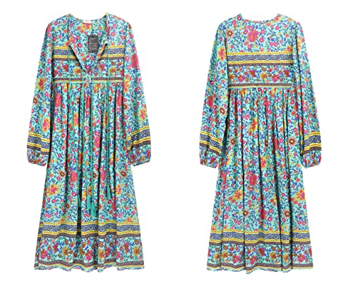 R.Vivimos Women's Long Sleeve Floral Print Retro V Neck Tassel Bohemian Midi Dresses (2XL, Green)