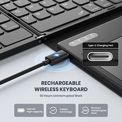 GEODMAER Foldable Bluetooth Keyboard, Portable Full Size Folding Keyboard with Large Touchpad, Numeric Keypad, PU Leather, Wireless Travel Keyboard for Windows iOS Android Mac (Sync up to 3 Devices)