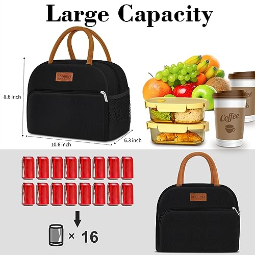 Coobiiya Lunch Bag Women, Lunch Box Lunch Bag for Women Adult Men, Small Leakproof Cute Lunch Tote Large Capacity Reusable Insulated Cooler Lunch Container for Work/Office/Picnic/Travel-Black