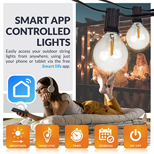 Newhouse Lighting 48ft. 25-Socket Smart LED String Outdoor Lights, Smart Life App,Works with Alexa,Dimmable Outdoor Patio Accessories with Timer,G40 E17,30W,2700K,Black,SMG40STRING15