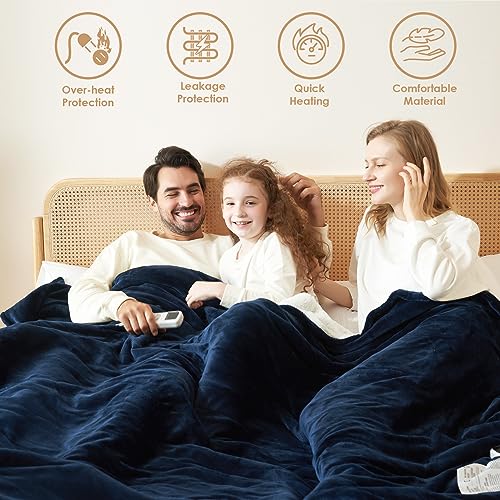 EHEYCIGA Heated Blanket Electric Blanket Throw - Heating Blanket with 5 Heating Levels & 4 Hours Auto Off, Soft Cozy Sherpa Washable Blanket with Fast Heating, 50 x 60 Inches, Navy Blue