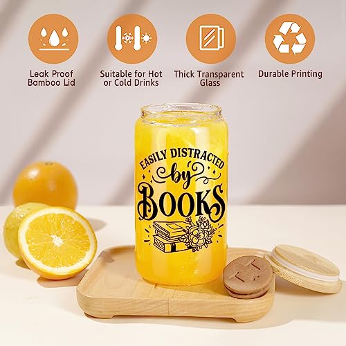 Coolife Book Themed 16oz Glass Cups w/Lids & Straws, Gifts for Book Lovers - Book Club Bookish Gifts, Librarian Gifts, Christmas, Bookworm Gifts for Readers, Teacher, Book Lovers Gift Ideas