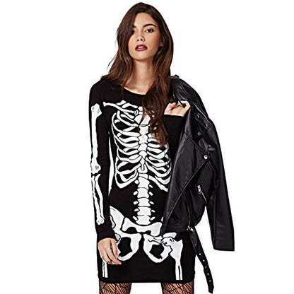 RieKet Women's Halloween Costume Skeleton Dress Long Sleeves Stretchy Short Mini Dress (L, Black)