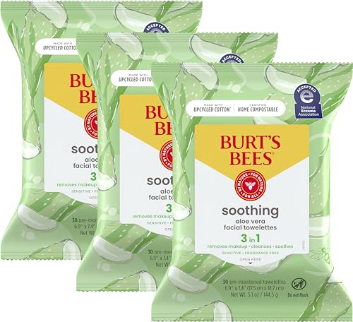 Burt's Bees Face Wipes, Makeup Remover Facial Cleansing Towelettes for Sensitive Skin, Hydrating with Aloe Vera, 30 Count (Pack of 3)