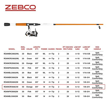 Zebco Roam Spinning Reel and Fishing Rod Combo, 6-Foot 6-Inch 2-Piece Fiberglass Fishing Pole, Split ComfortGrip Rod Handle, Soft-Touch Handle Knob, Size 30 Reel, Aluminum Spool, Orange