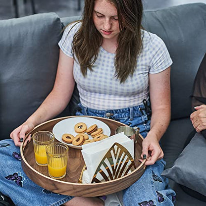 urbanplus 16.5" Walnut Large Round Serving Tray with Handles, Large Round Ottoman Tray, Bed Tray, Wood Serving Tray for Eating, Food, Coffee, Breakfast, Afternoon Tea, Decoration
