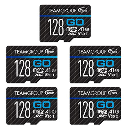 TEAMGROUP GO Card 128GB x 5 PACK Micro SDXC UHS-I U3 V30 4K for GoPro & Drone & Action Cameras High Speed Flash Memory Card with Adapter for Outdoor Sports, 4K Shooting, Nintendo-Switch TGUSDX128GU363