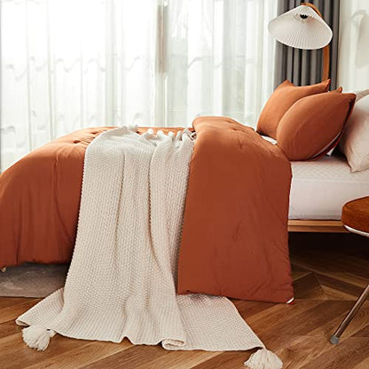 Litanika Comforter King Size Bed Set Burnt Orange, 3 Pieces Terracotta Boho Lightweight Fluffy Solid Bedding Comforter Set, Rust All Season (104x90In Comforter & 2 Pillowcases)