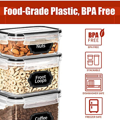 PRAKI 30 Pack Airtight Food Storage Containers for Kitchen Pantry Organization and Storage, BPA-Free, Plastic Storage Canisters with Lids - Cereal, Flour & Sugar, Include Labels, 6 Spoon & Marker