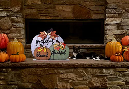 CYNOSA Fall Decorations for Home Blessed Grateful Thankful Sign Fall Decor Thanksgiving Decorations Wooden Pumpkin Tabletop Signs for Home Thanksgiving Farmhouse Living Room Harvest