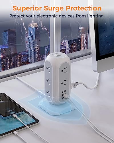 Tower Power Strip with 11 Outlets 3 USB Chargers, TESSAN Surge Protector Tower 1875W/15A, 6 Feet Extension Cord with Multiple Outlets, Flat Plug, Office Supplies, Desk Accessories, Dorm Essentials